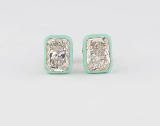Turquoise Enamel Radiant Diamond Studs 1ctw