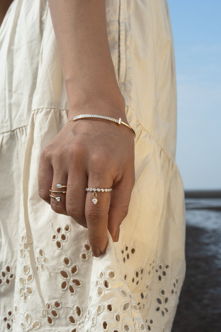 Stackable Hanging Heart With Pave Stones Ring
