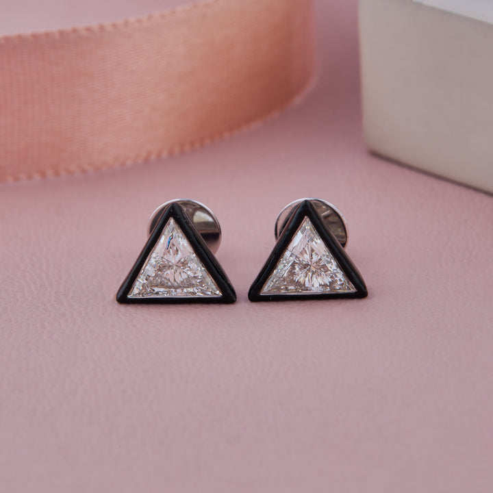 Ebony Enamel Triangle Diamond Studs 1ctw