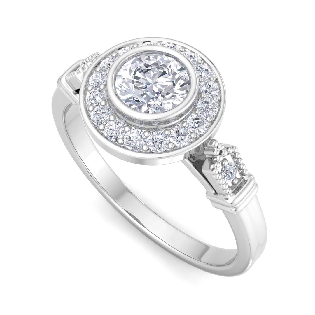 Round diamond bezel set halo pave engagement ring