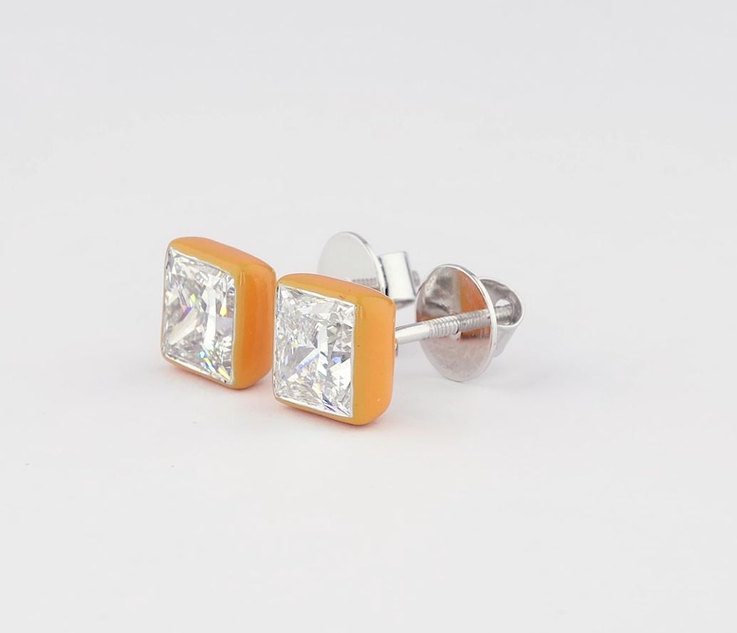 Saffron Enamel Princess Diamond Studs 1ctw