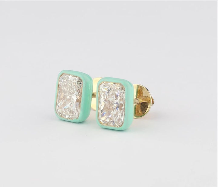 Turquoise Enamel Radiant Diamond Studs 1ctw